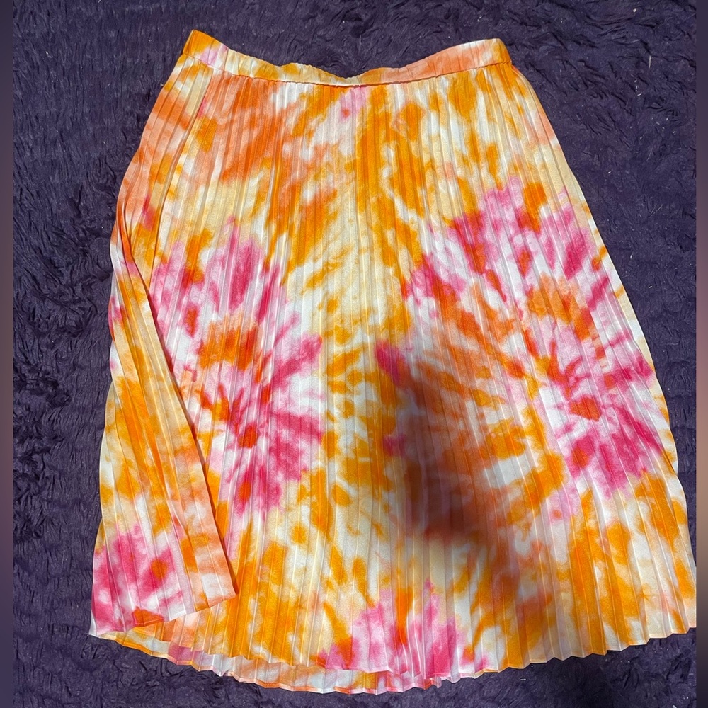 NWT Calvin Klein Women’s Pink Orange Tie Dye Accordion Pleated Skirt